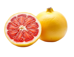  a whole yellow grapefruit and a half sliced grapefruit showing its juicy pink pulp, isolated on transparent background