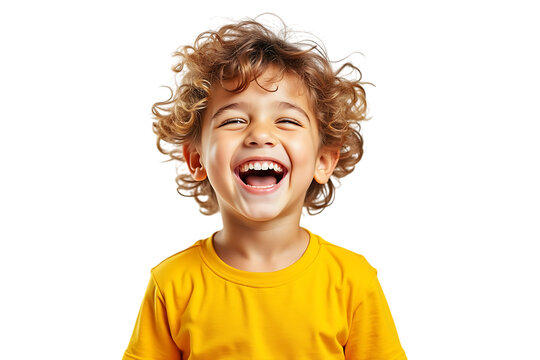 a happy young boy with curly brown hair laughing joyfully, isolated on transparent background