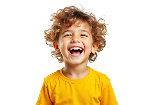  a happy young boy with curly brown hair laughing joyfully, isolated on transparent background