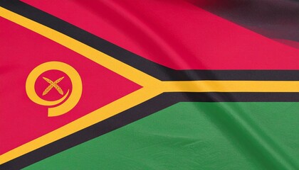 Vanuatu’s flag with red, green, and black fields, yellow Y-shape, and boar’s tusk with namele leaves, symbolizing peace, heritage, and island unity.
