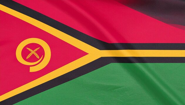 Vanuatu’s flag with red, green, and black fields, yellow Y-shape, and boar’s tusk with namele leaves, symbolizing peace, heritage, and island unity.