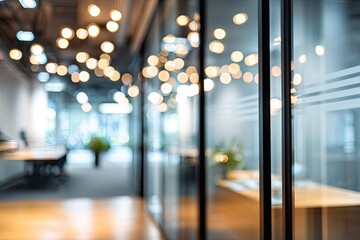 Blurred view through glass partition of modern office space with warm string lights, showing desks, plants, and wood flooring