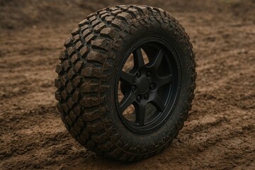 Off road wheel with knobby tire on sandy ground
