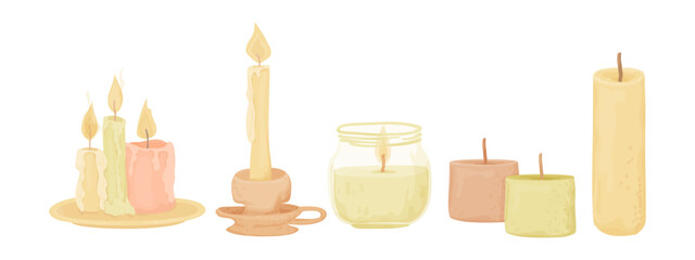 Vector candle elements set. Hand drawn flat relax and spa icons isolated on white.