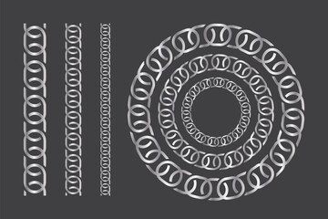 Chrome metal chains isolated on white background. Vector realistic set of straight heavy steel chains with different size links. Frame or border pattern with connected stainless rings. EPS 10.
