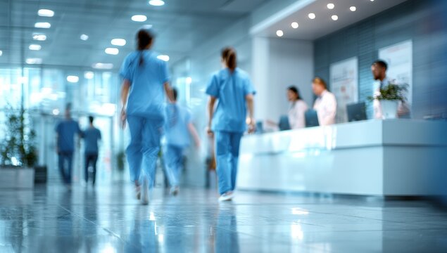 Blurred hospital hallway with medical personnel