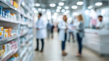 Blurred pharmacy interior. Customers and staff