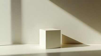 Illuminated monochromatic scene featuring a geometric cube in a minimalist arrangement