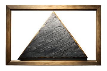 Artistic wooden frame highlighting a dark triangular slate stone, symbolizing balance, perspective, and geometric elegance against a white background