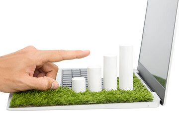 Hand pointing at growing graph on laptop isolated on white background