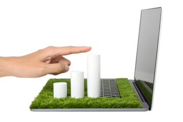 Hand interacting with growth chart on laptop isolated on white background