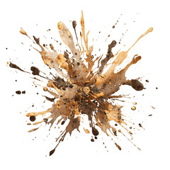 Mud splatter burst with earthy tones and directional spatter tails, chaotic natural form, isolated on transparent background.
