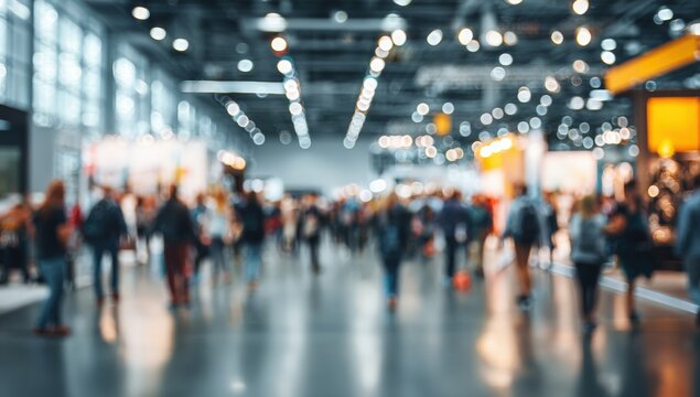 Blurred indoor exhibit hall with many people