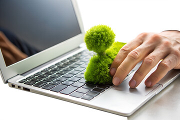 Green plant on laptop keyboard isolated on white background