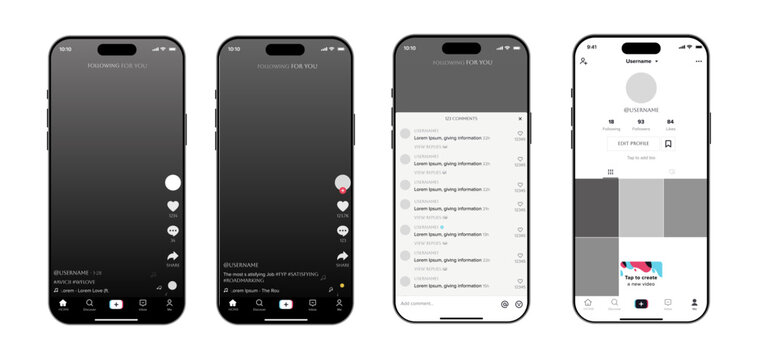 Tiktok. Tik tok mobile App interface template. Tiktok mockup social media template. mobile app interface template on social network. Tiktok Home, User, activity