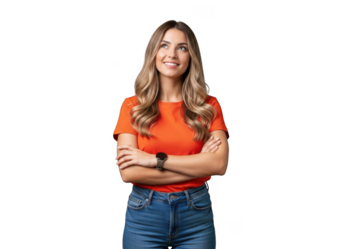 Smiling woman with curly blonde hair and orange shirt posing with crossed arms confidently transparent background - Powered by Adobe