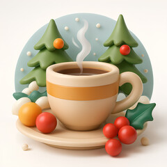 3D Hot Coffee Cup with Christmas Decorations and Winter Pine Trees Holiday Illustration