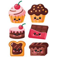 Kawaii food characters brownie chocolate eclair cupcake isolated vector illustration on white background