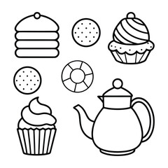 Cute black and white outline icons of food and drink items