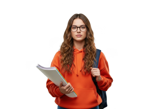 Young woman with glasses and backpack holds notebook ready for learning or studying transparent background - Powered by Adobe