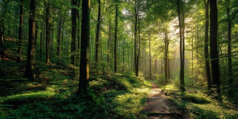 Sunlit forest path through lush greenery