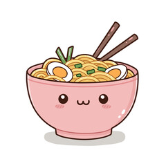 Cute bowl of fried noodles with eggs and chopsticks for cute sticker  
