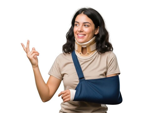 Woman recovering from injury wearing neck brace and arm sling gesturing with hand transparent background