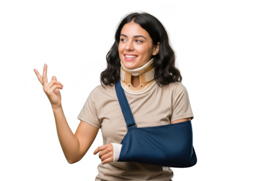 Woman recovering from injury wearing neck brace and arm sling gesturing with hand transparent background - Powered by Adobe