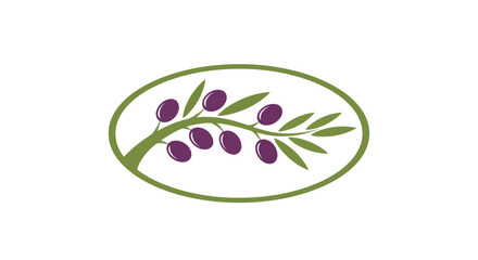 Olive branch with ripe purple olives and green leaves in oval frame.