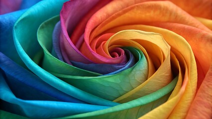 Vibrant rainbow rose petals unfurl in a mesmerizing macro swirl of color