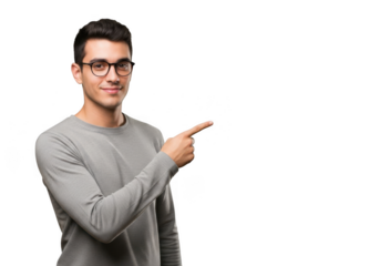 Young man in gray sweater and glasses points to the right with a confident expression transparent background