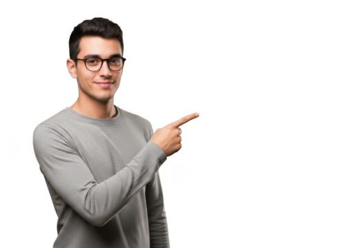 Young man in gray sweater and glasses points to the right with a confident expression transparent background