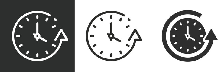 flat and linear set icons, one time daylight, clock icon, arrow around past day, simple symbols on white and black background - editable stroke vector illustration