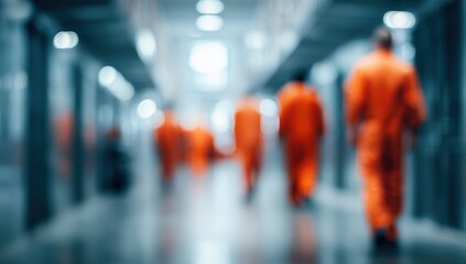 Blurred view of a prison hallway with inmates
