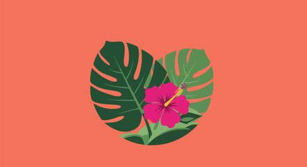 Naklejka premium Tropical Monstera Leaves and Pink Hibiscus Flower Illustration.
