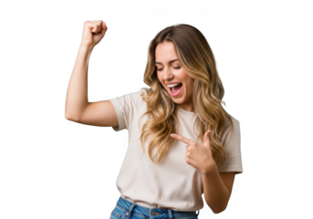 Excited young woman celebrating victory with raised fists and jubilant expression transparent background