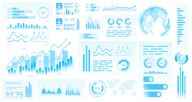 Multiple blue charts, graphs, and infographics in drawing style on a white background, representing isolated business analysis and data visualization concept
