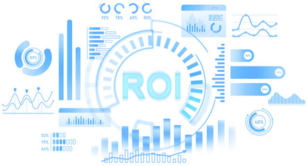 Infographic-style isolated drawing showing ROI concept and multiple blue-toned data charts, graphs, and UI elements on a white background