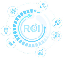 ROI return on investment concept with circular progress indicator and blue business icons in drawing style on white background, concept of financial growth