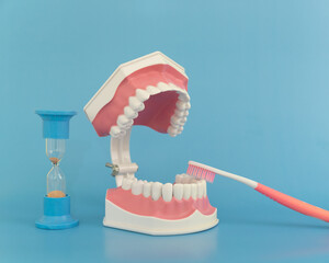 Mockup, Teeth Model with Two Minute Hourglass and Toothbrush on Blue Background