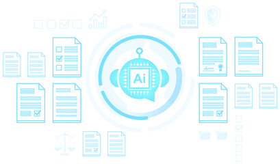 Isolated drawing of AI robot analyzing documents, checklists, charts, and legal files in blue outline style on a white background, concept of automation