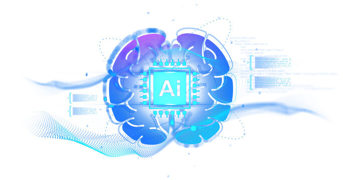 AI chip and stylized brain drawing in futuristic blue tones on isolated white background, representing artificial intelligence and neural computing concept