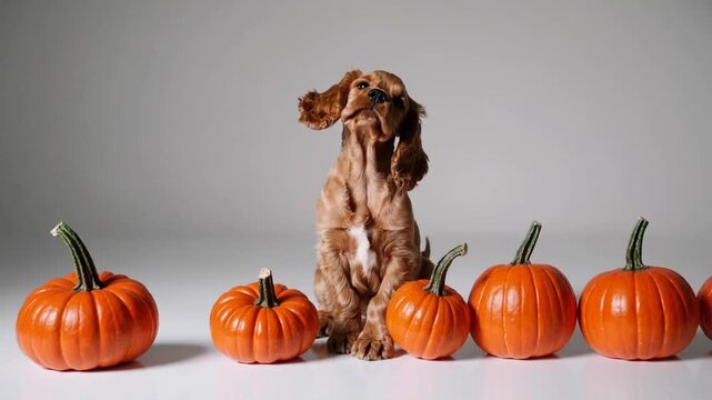 Adorable young dog breed seated amidst linear arrangement of orange autumn gourds on plain backdrop