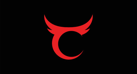 Red Horned C: Devilish Graphic Symbol on Black Background.