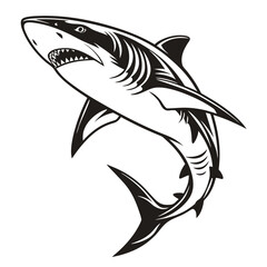 Black and white stylized shark leaping forward with open mouth and sharp teeth animal predator