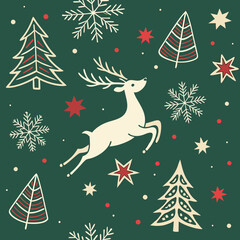 Naklejka premium This festive Christmas pattern features a delightful array of holiday-themed elements including snowflakes, Christmas trees, reindeer, stars, and ornaments against a rich green background. Perfect for
