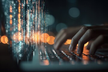 Hands typing on a laptop with binary code overlay