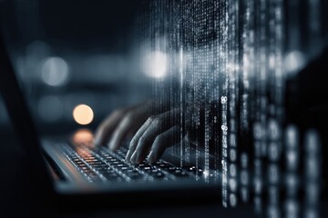 Hands typing on laptop, digital code overlay