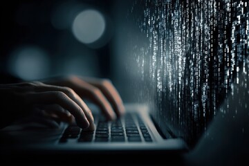 Close-up of hands typing on a laptop with binary code overlay