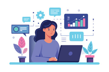 Fototapeta premium Woman working on a laptop with data analysis and communication icons